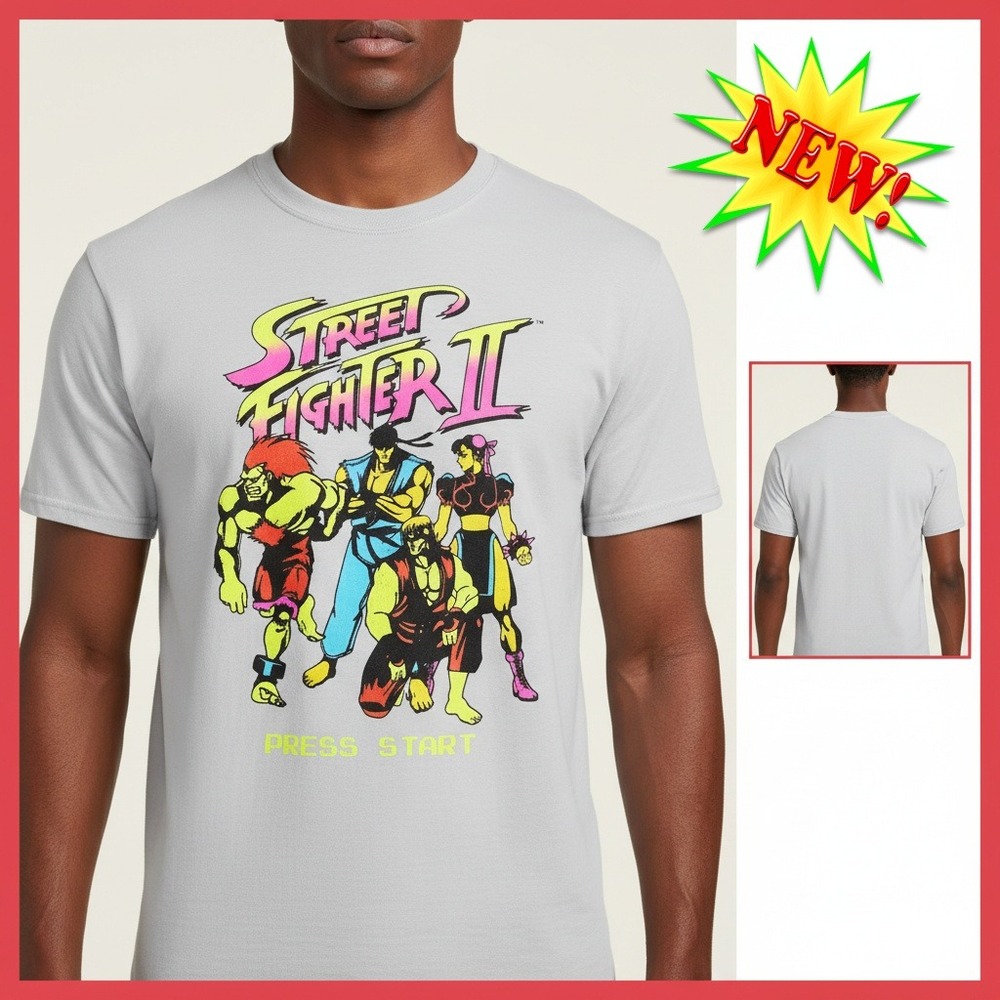 Street Fighter II T-Shirt Men's‎ XL Silver Graphic Tee Press Start Capcom Gaming